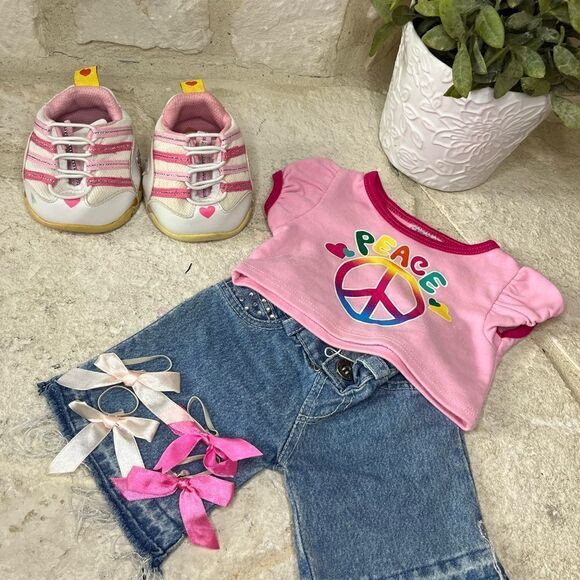 Build A Bear Peace t shirt/denim jeans/sketchers sneakers/ponytail holders - Picture 1 of 2